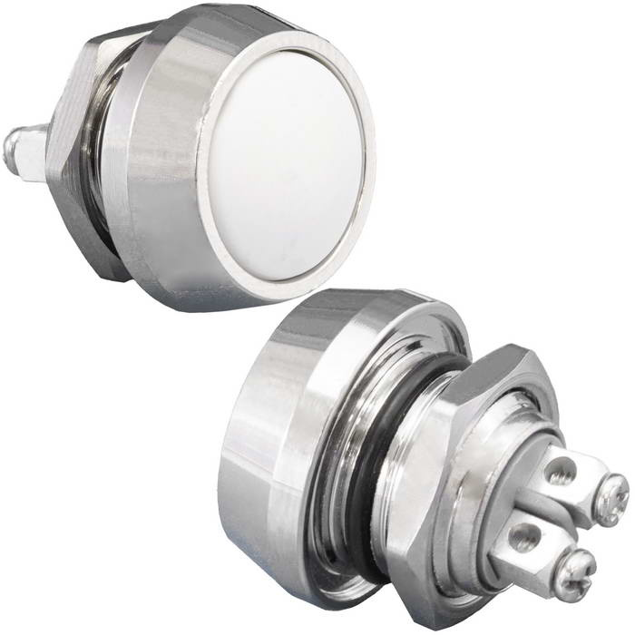 Кнопка антивандальная без подсветки RUICHI GQ12B-10/W/N, 1NO, ОFF-(ON) без фиксации, пос. диаметр 12 мм, контакты 2S, 2 А, 50 мОм, -20...+55 °C, корпус никелированная латунь, кнопка белая фото 1
