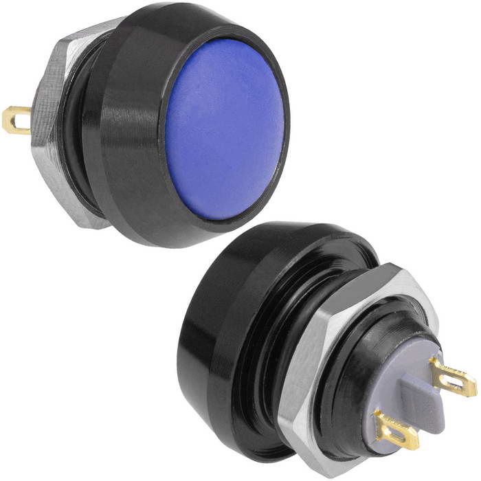 Кнопка антивандальная без подсветки RUICHI GQ12B-10/J/B/Bl/N, 1NO, ОFF-(ON) без фиксации, пос. диаметр 12 мм, контакты 2Pin, 2 А, 50 мОм, -20...+55 °C, корпус пластиковый черный, кнопка синяя фото 1