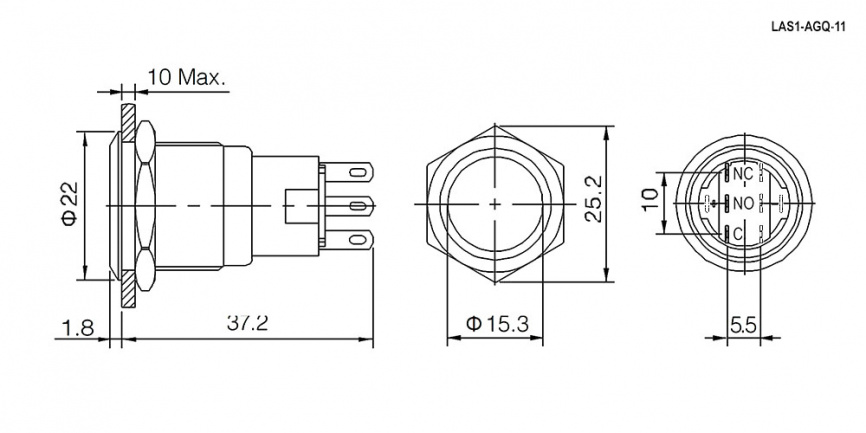 Кнопка антивандальная RUICHI LAS1-AGO-11Z/N, ON-ON, рабочая температура -25…+55 °C, никелированная латунь фото 2