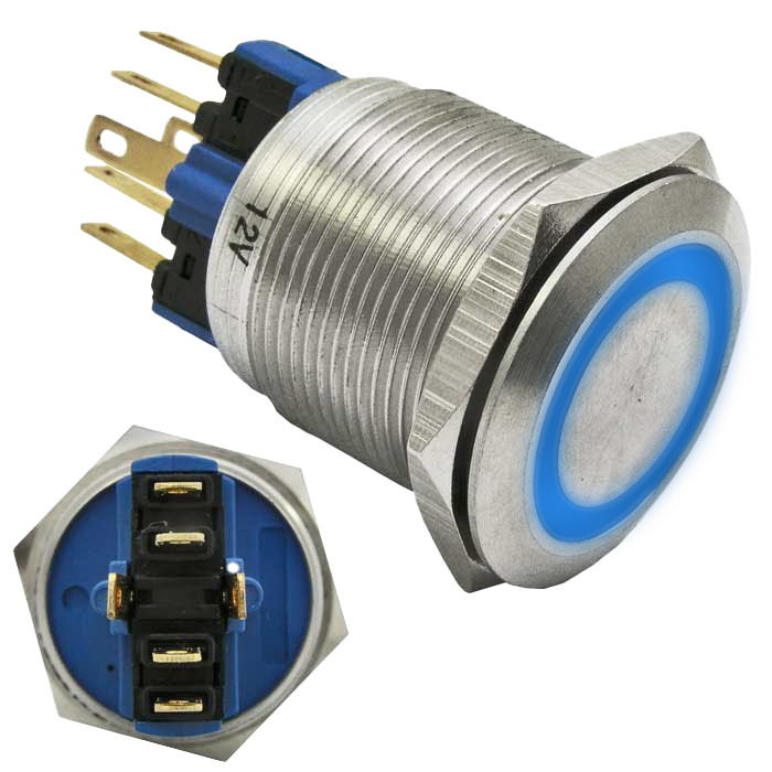 Кнопка антивандальная RUICHI GQ22-11E/B/N, ON-(OFF)+OFF-(ON), рабочая температура -  25…+55 °C, никелированная латунь фото 1
