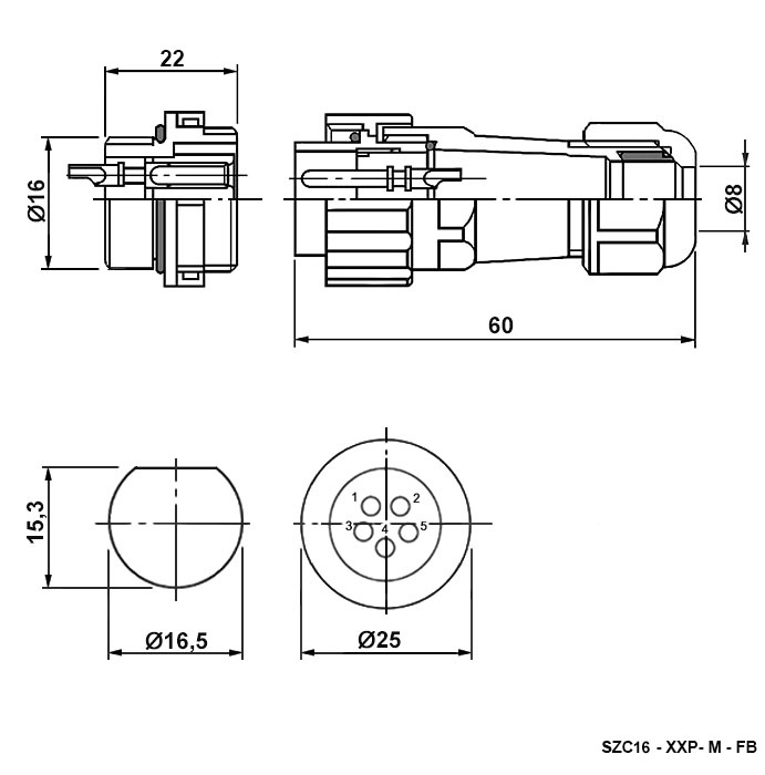Разъём герметичный SZC16 2P-M-FB, 2 контакта фото 2