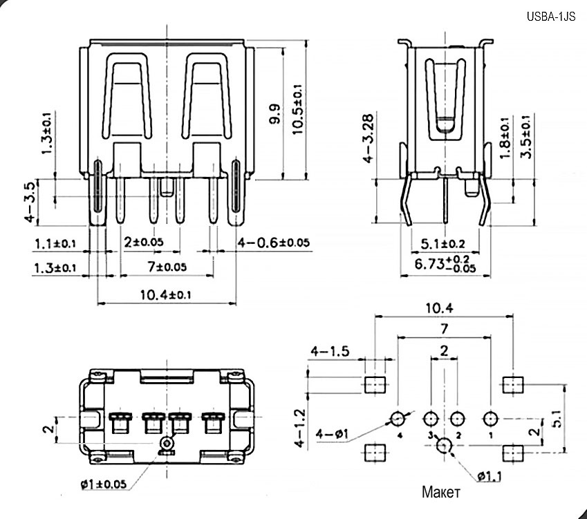 Разъём USB SZC USBA-1JS (SZC), 4 контакта фото 2