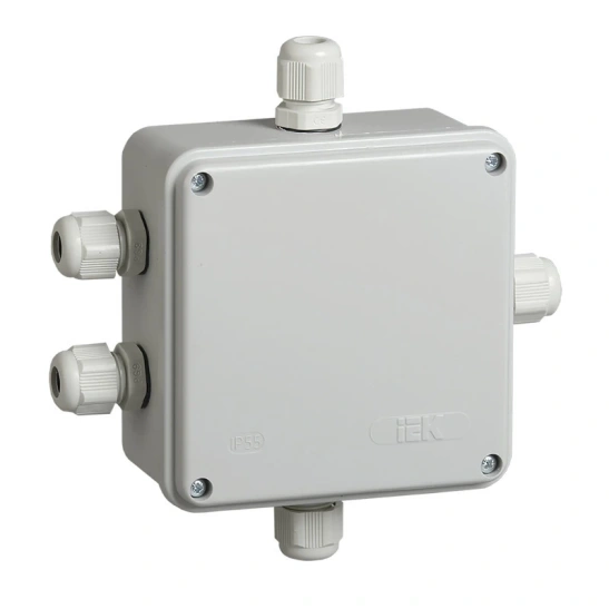 Коробка КМ41330 распаячная 100х100х50 мм О/П IP55 (RAL7035, гермовводы PG9 5шт) ИЭК фото 1