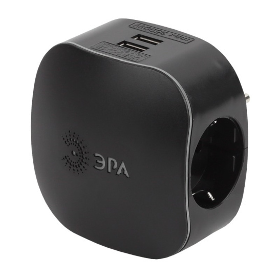 Разветвитель электрический ЭРА SP-3e-USB-BLACK на 3 розетки+2 USB 16А с заземлением со шторками черный Арт. Б0046364 фото 1