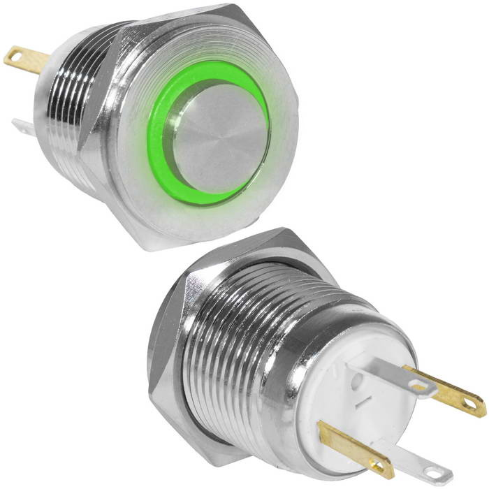 Кнопка антивандальная RUICHI GQ16PH-10E/JL/G/N, OFF-(ON), рабочая температура -25…+55 °C, никелированная латунь фото 1