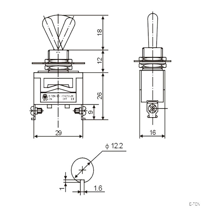 Тумблер двухпозиционный однополюсный RUICHI E-TEN 1021, 54х14.4х29 мм, ON-OFF, SPST, 15 А, 250 В, 50 мОм, 2 контакта, клеммы под винт фото 2