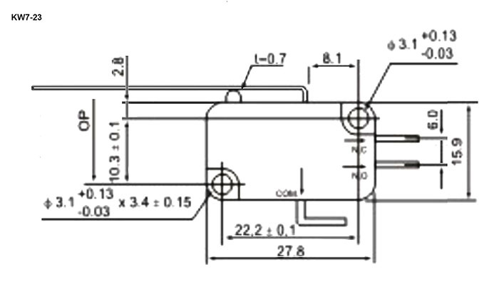 Микропереключатель с удлиненным рычагом RUICHI KW7-23, 15.9х10.3х27.8 мм, ON-(ON), SPDT 3P, 250 В, 5 А, 30 мОм, -25...+85 °C фото 2