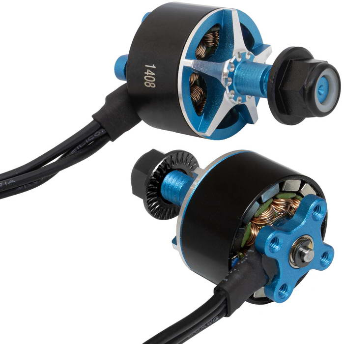 Электродвигатель бесщеточный RUICHI 1408 3600-RH, 3600 kV, диаметр вала с резьбой M5,  гайка с прессшайбой, аккумулятор LiPo 2-4S, левое  направление резьбы, цвет черный/синий фото 1