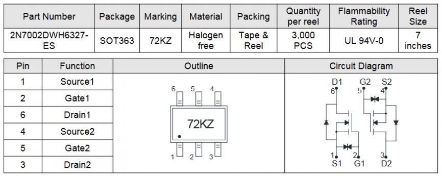 2N7002DWH6327, полевой транзистор (MOSFET) Elecsuper, N+N-канал, 60 В, 0.38 А, 3 Ом, 2 нКл, корпус SOT-363 фото 2