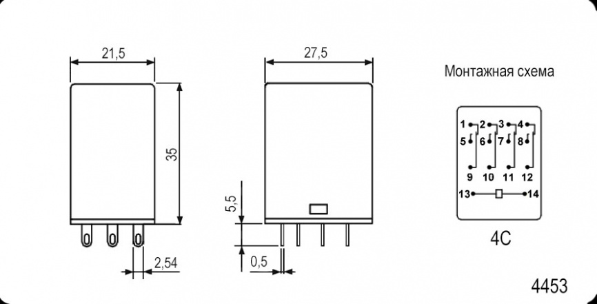 Электромагнитное реле RUICHI 4453(18F)-4 (HH54P) 12VDC 5А, 4C: 4PDT фото 2