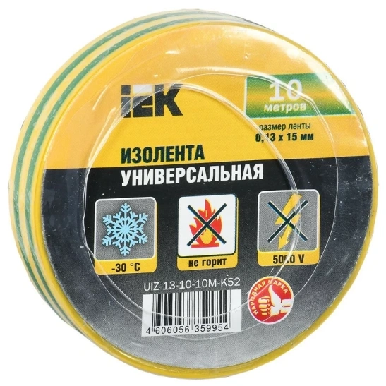 Изолента 0,13х15мм желто-зеленая 10м IEK (UIZ-13-10-10M-K52) фото 1