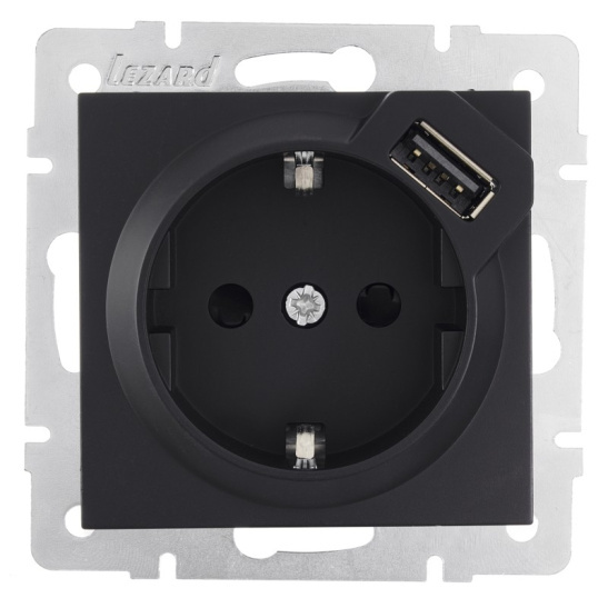 Розетка VESNA 742-4288-181 1-ая з/к + USB-разъем (без рамки) черный бархат с/у LEZARD фото 1