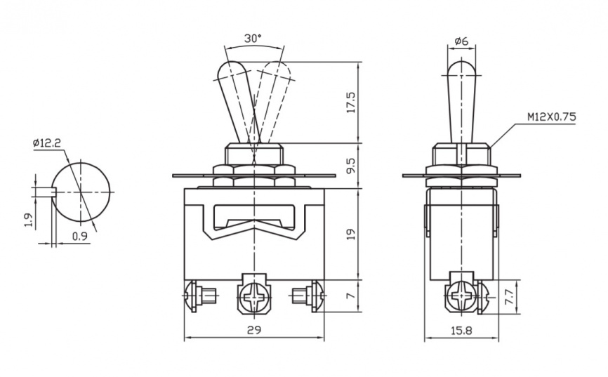 Тумблер трехпозиционный однополюсный без фиксации RUICHI KN3(C)-123(A) , 53х15.8х29 мм, (ON)-OFF-(ON), SPDT, 10 А, 250 В, 50 мОм, 3 контакта, под винт фото 2