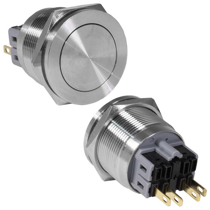 Кнопка антивандальная RUICHI GQ25PF-11/N, ON-(OFF)+OFF-(ON), рабочая температура - 25…+55 °C, никелированная латунь фото 1