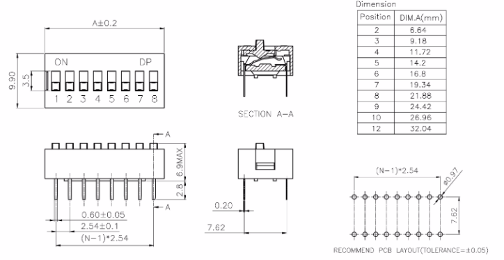 DIP-переключатель RUICHI DS 2-02, 25 мА, 24 В, 50 мОм, 2 (ON-OFF) с шагом 2,54 мм,  3х5.96х6.25 мм фото 2