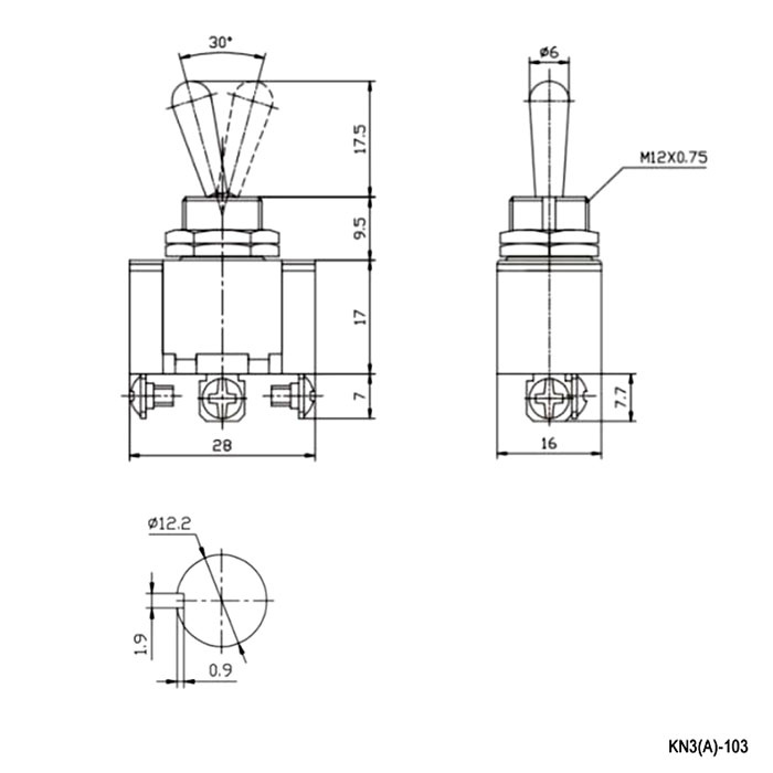 Тумблер трехпозиционный однополюсный RUICHI KN3(A)-103, 51х16х28 мм, ON-OFF-ON, SPDT C/O, 6 А, 250 В, 50 мОм, 3 контакта, под винт фото 2