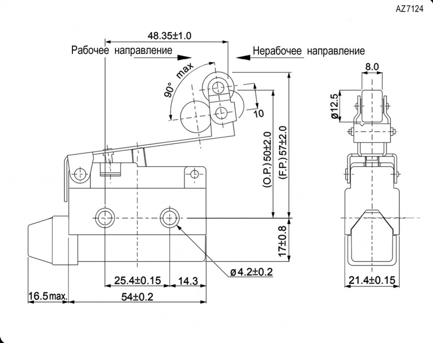 Выключатель путевой рычажный с поворотным роликом RUICHI AZ-7124, ON-(ON), SPDT, IP64, 10 А, 250 В, 15 мОм, пластик фото 2