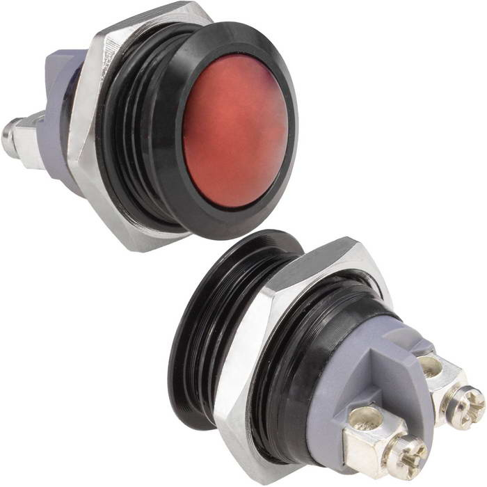 Кнопка антивандальная без подсветки RUICHI GQ16B-10/B/R/N, 1NO, ОFF-(ON) без фиксации, пос. диаметр 16 мм, контакты 2S, 2 А, 50 мОм, -20...+55 °C, корпус пластиковый черный, кнопка красная фото 1
