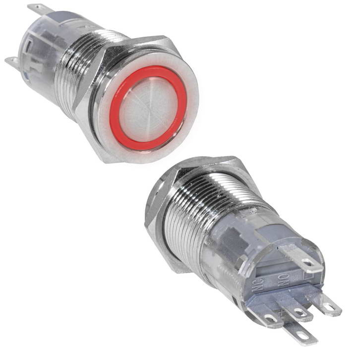 Кнопка антивандальная RUICHI LAS2GQPF-11E/R/N, ON-(ON), рабочая температура -25…+55 °C, никелированная латунь фото 1
