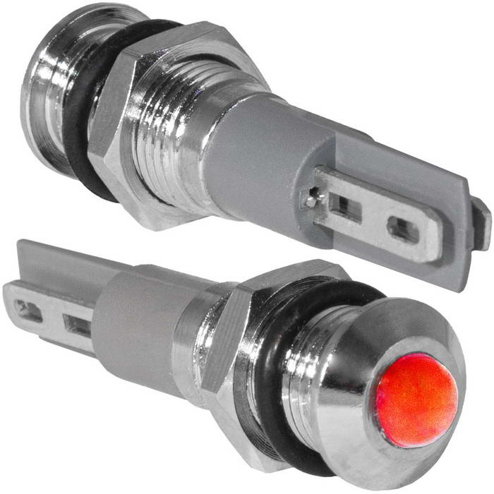 Индикатор антивандальный RUICHI GQ8PR-R, цвет красный, точечный излучатель, 12-24 В, 15 мА, гибкие выводы, никелированная латунь фото 1