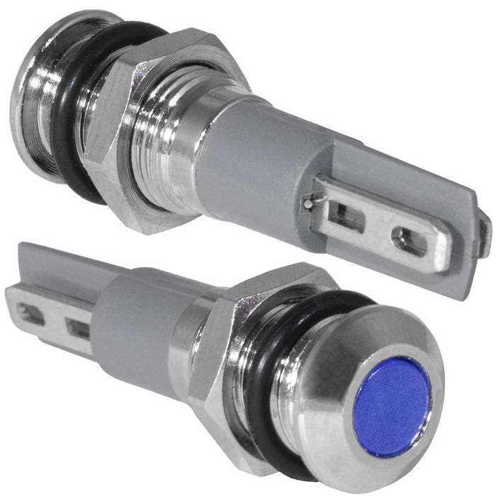 Индикатор антивандальный RUICHI GQ6PF-B, цвет синий, точечный излучатель, 12-24 В, 15 мА, гибкие выводы, никелированная латунь фото 1