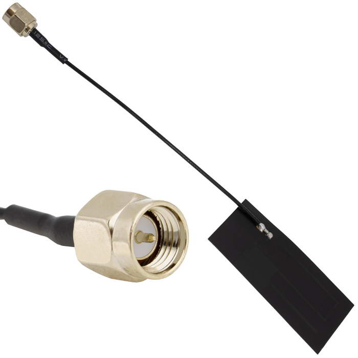 Внутренняя малогабаритная гибкая GSM-антенна RUICHI PCB P02 2G/3G/4G с разъёмом SMA-M, RG1.13, длина кабеля 100 мм, клеевой монтаж, 28x13 мм, 2 дБи усиление, 900-2600 МГц, черная фото 1