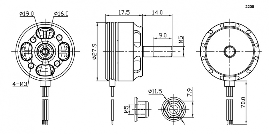 Электродвигатель бесщеточный RUICHI 2205 2300-RH, 2300 kV, диаметр вала с резьбой M5,  гайка с прессшайбой, аккумулятор LiPo 2-4S, левое  направление резьбы, цвет  черный/красный фото 2