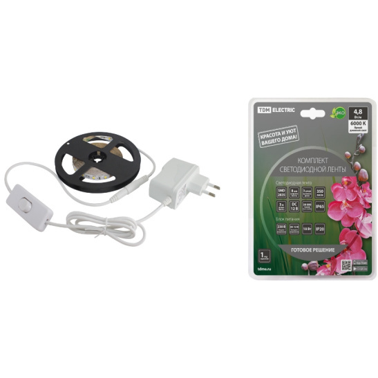Комплект ленты светодиодной TDM (SQ0331-0233) 3м, 60 LED, 4,8 Вт/м, 12 В, 6000К, IP65 фото 1