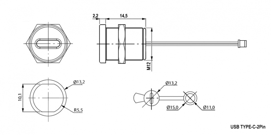 Разъём TYPE-C-2pin-20-PH2.0 RUICHI, длина кабеля 155 мм, 2 контакта, 5 А, 20 В, корпус  пластиковый черный с защитной крышкой фото 2