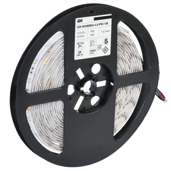 Лента светодиодная IEK RGB 2835 5м, 54 LED, 4,8 Вт/м, 12 В, IP65, мультиколор фото 1