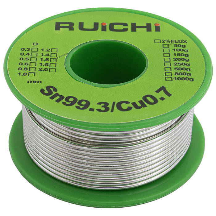 Припой оловянно-медный RUICHI, Sn 99.3%/Cu 0.7%, бессвинцовый,  диаметр 1.5 мм, 50 г, с флюсом фото 1
