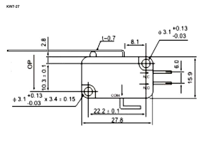 Микропереключатель с удлиненным рычагом RUICHI KW7-27, 16х10.5х28 мм, ON-(ON), 3P, 250 В, 5 А, 30 мОм, -25...+85 °C фото 2