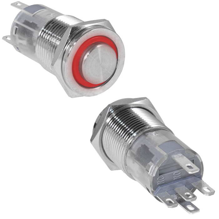 Кнопка антивандальная RUICHI LAS2GQPH-11E/R/N, ON-(ON), рабочая температура -25…+55 °C, никелированная латунь фото 1