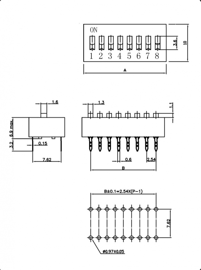 DIP-переключатель RUICHI DS-05, серия SWD 1-5, 25 мА, 24 В, 50 мОм, 5 (ON-OFF) с шагом 2,54 мм, 6.9х14.06х10 мм фото 2