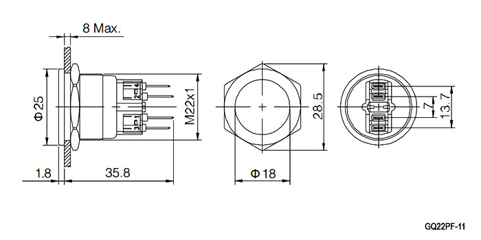 Кнопка антивандальная RUICHI GQ22PF-11/N, ON-(OFF)+OFF-(ON), рабочая температура -25…+55 °C, никелированная латунь фото 2