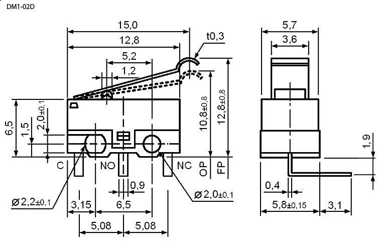 Микропереключатель с рычагом RUICHI DM1-02D-30G-G, ON-(ON) SPDT, 2 А, 125 В фото 2