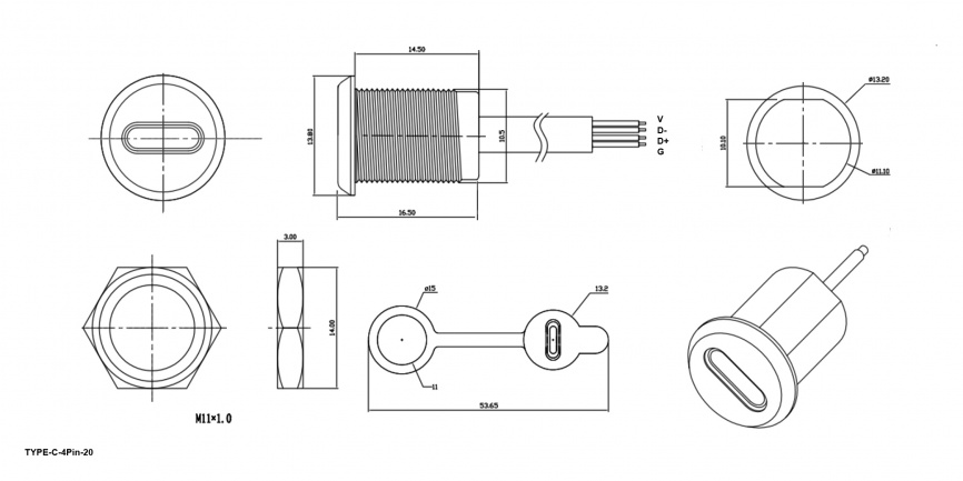 Разъём TYPE-C-4Pin-20 RUICHI, длина кабеля 155 мм, 4 контакта, 3 А, 30 В, корпус пластиковый  черный с защитной красной крышкой фото 2