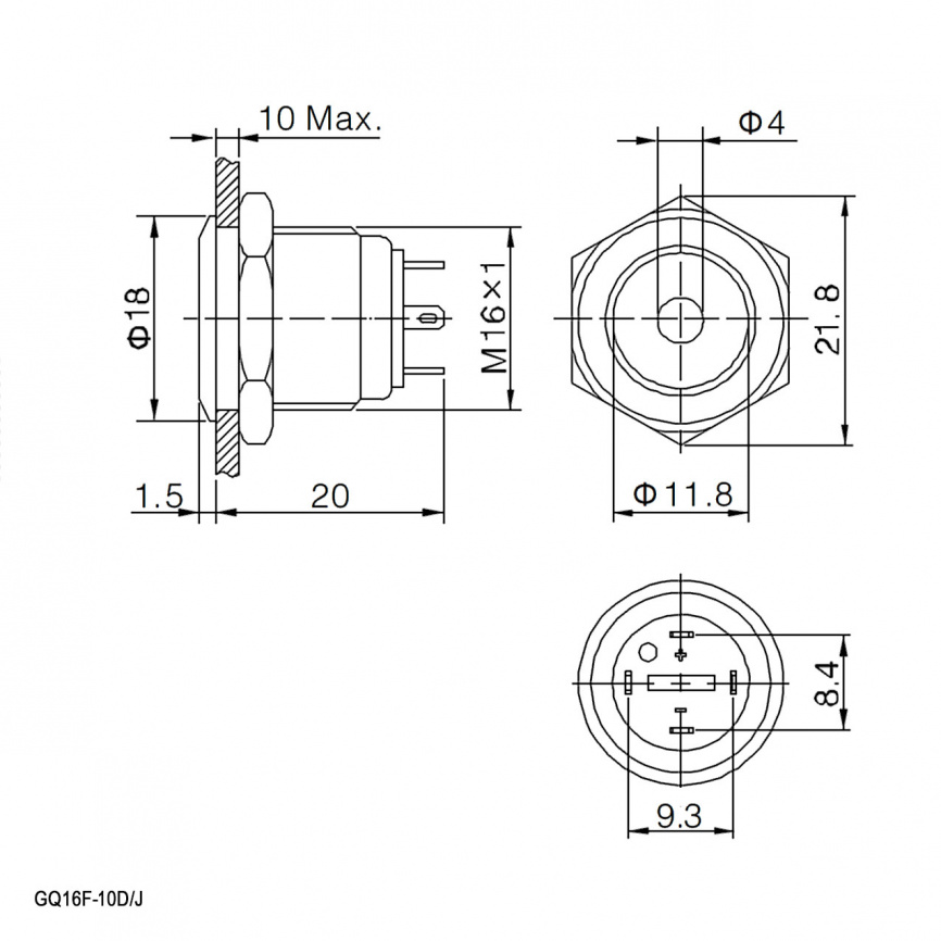 Кнопка антивандальная RUICHI GQ16F-10D/J/B/N, OFF-(ON), рабочая температура -25…+55 °C, никелированная латунь фото 2