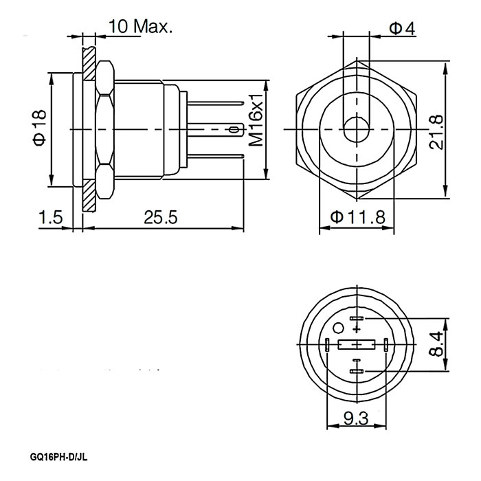 Кнопка антивандальная RUICHI GQ16PH-10D/JL/G/N, OFF-(ON), рабочая температура -25…+55 °C, никелированная латунь фото 2