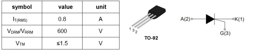 BT169D Weida тиристор, 600 В, 0.8 А, TO-92 фото 2