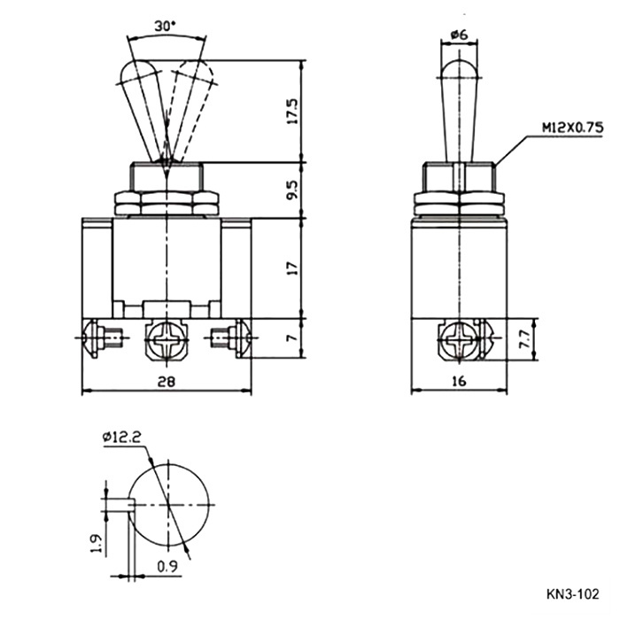 Тумблер двухпозиционный двухполюсный RUICHI KN3(A)-102, 51х16х28 мм, ON-ON, SPDT, 3 А, 250 В, 50 мОм, 3 контакта, под винт фото 2
