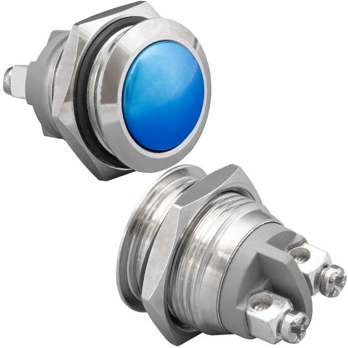 Кнопка антивандальная без подсветки RUICHI GQ16B-10/Bl/N, 1NO, ОFF-(ON) без фиксации, пос. диаметр 16 мм, контакты 2S, 2 А, 50 мОм, -20...+55 °C, корпус никелированная латунь, кнопка синяя фото 1