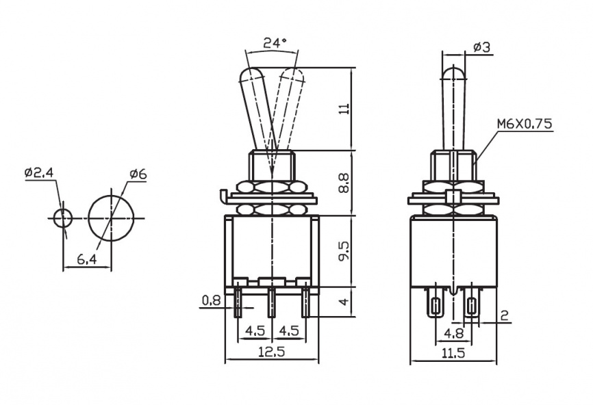 Микротумблер RUICHI STM-202, ON-ON, SPDT, 6 А, 250 В, 20 мОм, установочное отверстие 6 мм, под пайку, 6 контактов фото 2