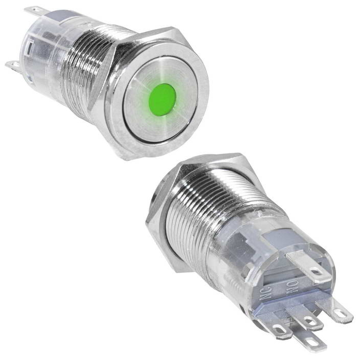 Кнопка антивандальная RUICHI LAS2GQPF-11D/G/N, ON-(ON), рабочая температура -25…+55 °C, никелированная латунь фото 1