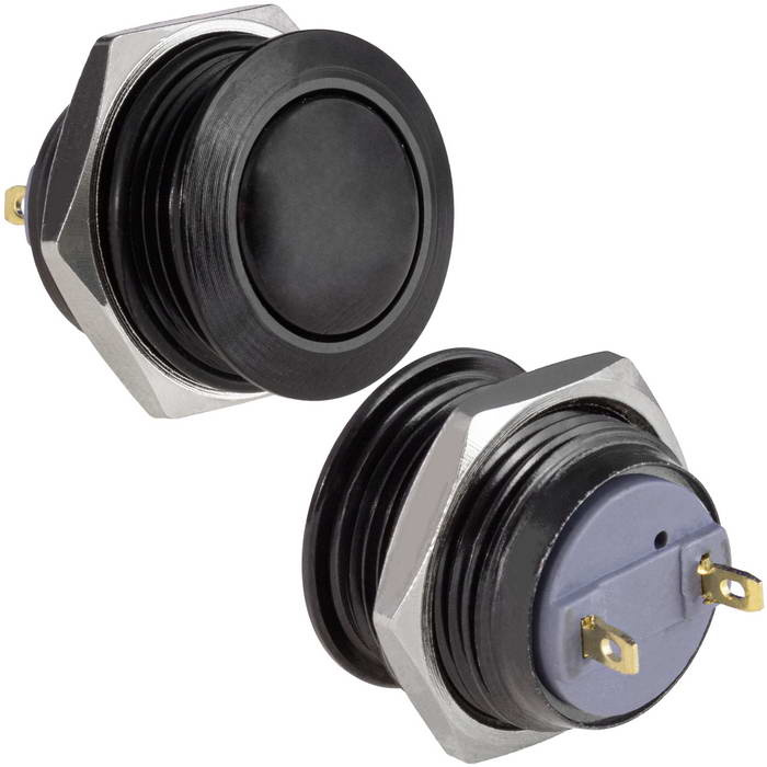 Кнопка антивандальная без подсветки RUICHI GQ16B-10/J/B/B/N, 1NO, ОFF-(ON) без фиксации, пос. диаметр 16 мм, контакты 2Pin, 2 А, 50 мОм, -20...+55 °C, корпус пластиковый черный, кнопка черная фото 1