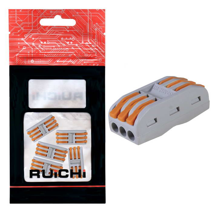 Клемма зажимная проходная PCT типа 6-контактная 3-проводная RUICHI PCT-223, 24 А, PA66, упаковка 5 шт. фото 1