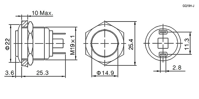 Кнопка антивандальная RUICHI GQ19H-10/J/N, OFF-(ON), рабочая температура -25…+55 °C, никелированная латунь фото 2