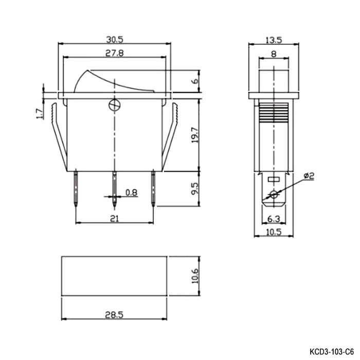 Клавишный переключатель RUICHI KCD3-103-C6-B/3P, ON-OFF-ON фото 2