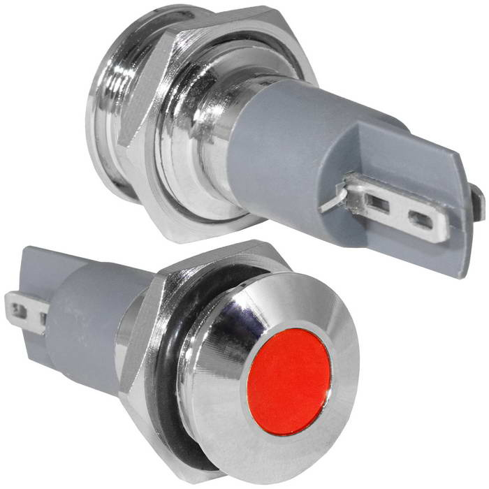 Индикатор антивандальный RUICHI GQ14PF-F, точечный излучатель, 12-24 В, 15 мА, гибкие выводы, никелированная латунь фото 1