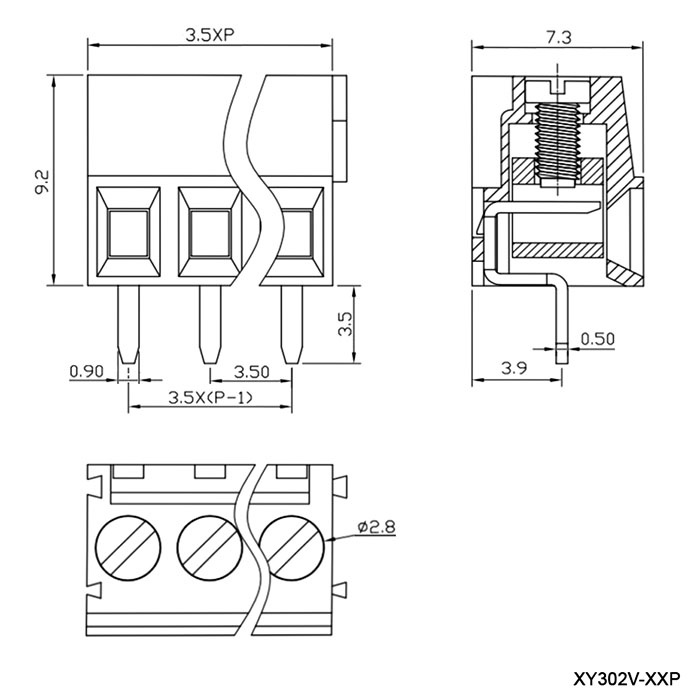 Винтовой клеммный блок RUICHI XY302V-03P на 3 клеммы M2, шаг 3.5 мм, лифт, 9 А, 24-16 AWG фото 2